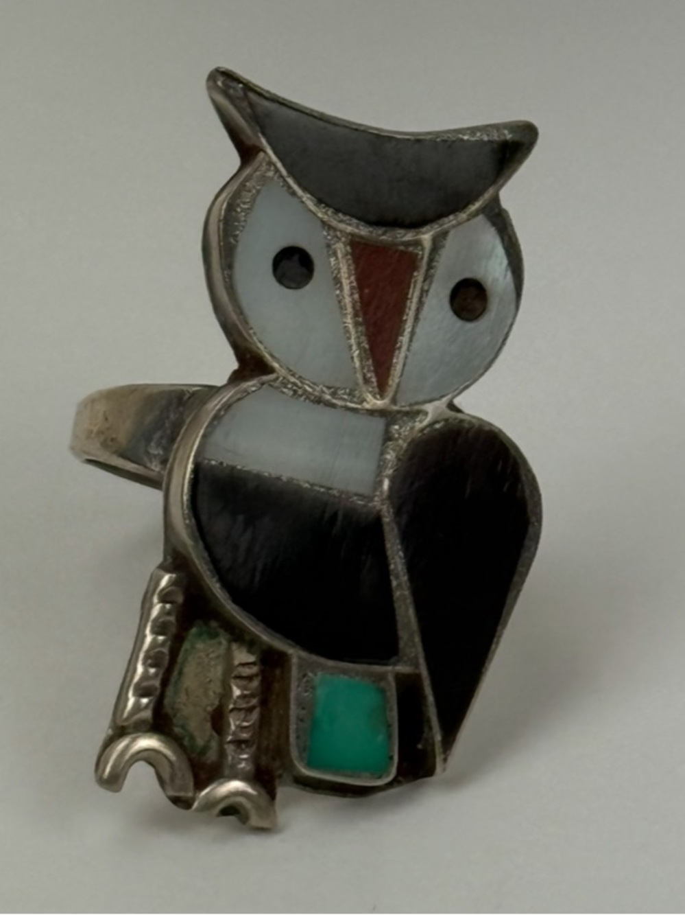 Sterling Silver Owl Inlay Ring with Black, White and Turquoise Accents